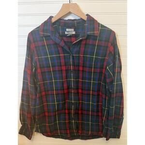 LL Bean Mens M Flannel Button Down Shirt Red Green Blue Plaid Relaxed Fit
